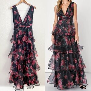 Lulu's Black and Pink Floral Tiered Maxi Dress